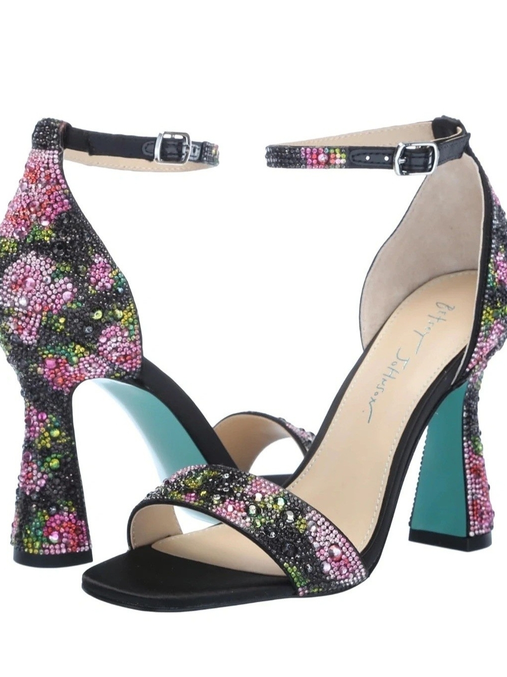 Betsey Jonson Floral Beaded Black Ankle-Strap Heels